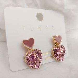 Kawaii Korean Pink Crystal Heart Dangle Earrings